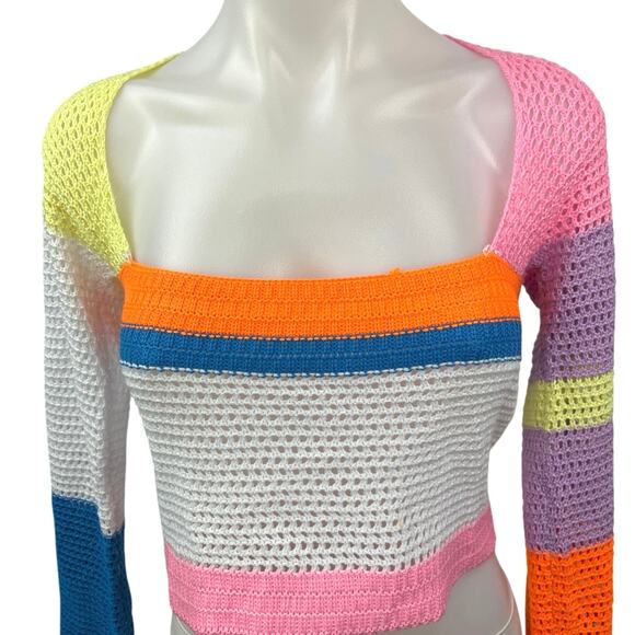 Women's Multicolor Colorblock Crochet Knit Long Sleeve Sweater Crop Top Size S - Picture 3 of 4